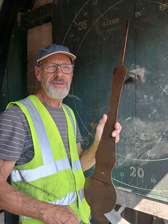 Julian manufactured a beautiful new pointer for the tide gauge to replace the missing one